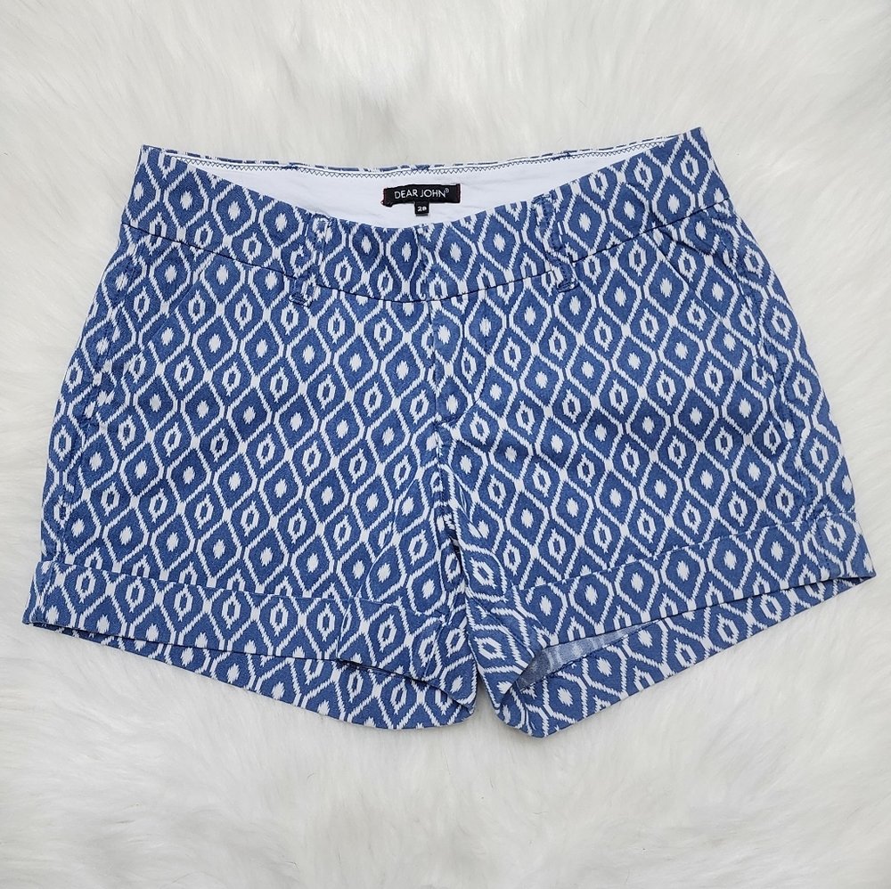 Dear John Blue & White Diamond Ikat Cuffed Chino Shorts Size 28